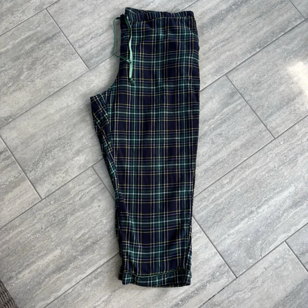 Talbots Flannel Pajamas Set Green Blue Plaid Cotton Long Button Down Pants 3X